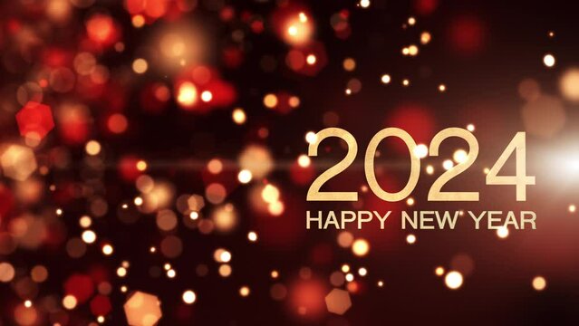Seamless loop Happy New Year 2023, Red Gold particles fly. Glittering light ray beam background.