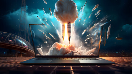 laptop computer with a rocket launching into the sky with clouds Generative AI - obrazy, fototapety, plakaty