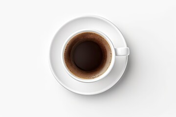 Obraz premium Top view coffee in cup on white background isolated. Awaken senses with hot espresso in mug. Savoring aroma. Breakfast in brown saucer