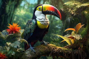 Obraz premium Image of toucan in the fertile forest. Bird. Nature. Illustration, Generative AI.