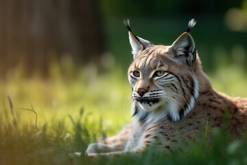 Fototapeta premium Image of lynx or bobcat resting on green pasture grass on summer. Wildlife Animals. Illustration. Generative AI.