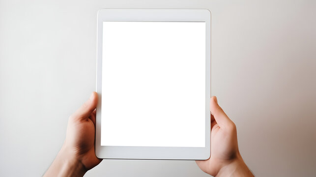 3D Mockup Hands holding tablet transparent screen cutout on white background. PNG file. Copy text space.