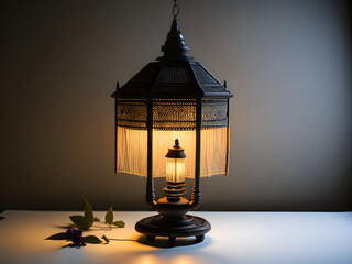 Classic antique Javanese-Betawi style hanging lamp with diorama, set against a minimalist studio background. Blur Soft Background. Generative AI