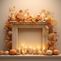 a fireplace with candles, pumpkins and leaves on the mantle for an autumn or fall decor idea stock photo