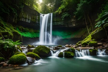 Very high quality photos of a jungle with thick forest and a waterfall is falling in the middle of trees.