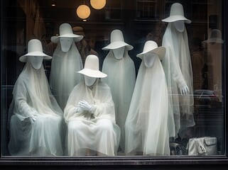 three manne dressed in white robes and hats, sitting behind a glass window with people looking at them through it