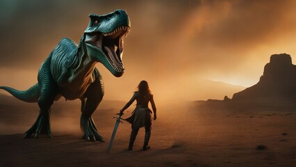 A warrior woman prepares to fight a dinosaur