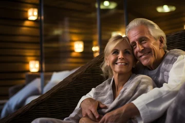 Foto op Canvas couple of seniors or mature people in a resort spa in their hotel or house having fun looking between them © Yulia