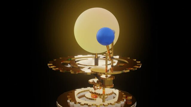 The Tellurion Orrery. Isolated complex brass Orrery of the Earth and the Moon as they travel around the Sun isolated in the black background 3d rendering