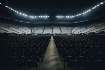 Naklejka premium reclining chairs on the stadium bleachers with no people before the event of the live concert in the evening on stadium
