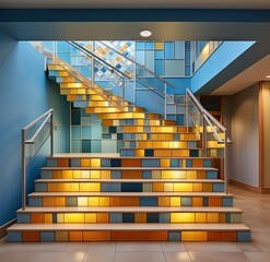 some stairs that are made out of wood and glass, with the light coming in from the skylight above them