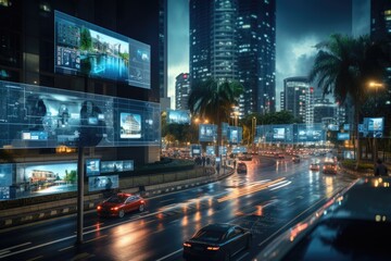Fototapeta premium Abstract night cityscape background. Smart city, ai and digital transformation concept. Double exposure