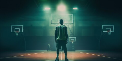 Training field. Basketball player with ball in professional stadium