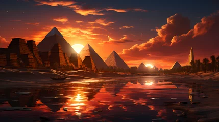 Fotobehang Chocoladebruin View of the Pyramids of Giza in Cairo with sunset