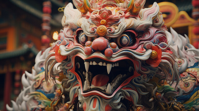 Chinese lion dance, Lunar new year celebration, colorful lion costumes, Chinese New Year. Generative AI