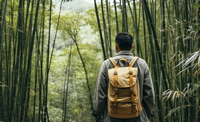 Back view of a man with backpack in a bamboo forest