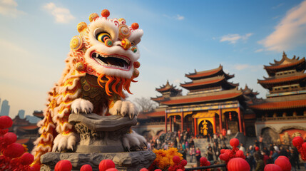 Chinese lion dance, Lunar new year celebration, colorful lion costumes performing the traditional Lion Dance during Chinese New Year. Generative AI