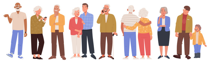 Aged people. Seniors together, with grandchildren and children, an elderly man and woman use phones and communicate. Grandparents in full growth - 642778960