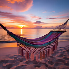 Naklejka premium A blue and purple hammock on a beach with the ocean and sunset in the background. Represents leisure and vacation. Generative ai. 