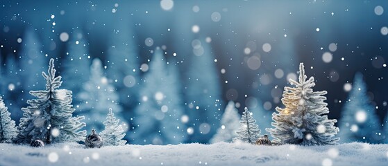 Fototapeta na wymiar Winter panoramic background with snow soft blurred beautiful bokeh leaves illustration background, Generative AI