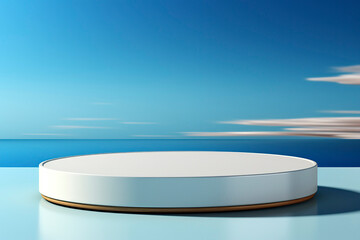 Empty pedestal display on light blue minimal background. Blank podium for showing product.