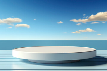 Empty pedestal display on light blue minimal background. Blank podium for showing product.