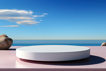 Empty pedestal display on light blue minimal background. Blank podium for showing product.