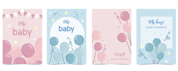Baby shower invitation card with balloon, cloud,sky, pink,blue