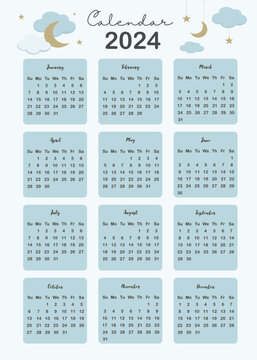 2024 table calendar week start on Sunday with moon that use for vertical digital and printable A4 A5 size
