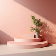 Round pastel podium and palm leaf, Abstract minimal geometric background, Aesthetic summer dais and shadows on the wall, 3D Modern design for product showcase, studio lighting, AI generated.