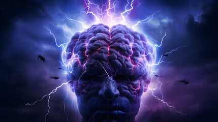 arafed image of a man with a brain and lightning in the background Generative AI - obrazy, fototapety, plakaty