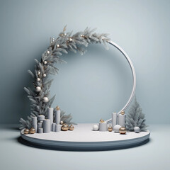 3D podium display and pine tree, Christmas tree with snow and modern pedestal design for product showcase presentation, studio lighting, AI generated.