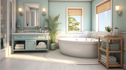 Fototapeta na wymiar Design a coastal-themed and spa-like bathroom retreat, focusing on the use of calming colors, high-end fixtures, and innovative storage solutions