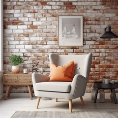 Modern armchair placed in Scandinavian style living room, bricks wall
