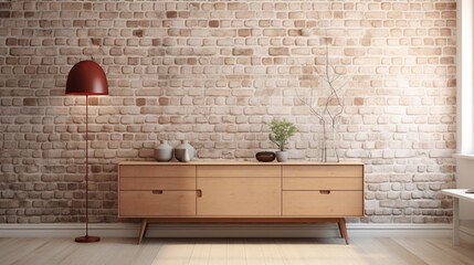 Modern sideboard placed in Scandinavian style living room, bricks wall