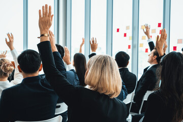 Group of business people meeting in a seminar conference . Audience listening to instructor in...