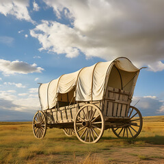 An old fashioned covered wagon from the pioneer and oregon trail days in America. A concept of vintage travel in the 1800's. Generative ai.  - obrazy, fototapety, plakaty