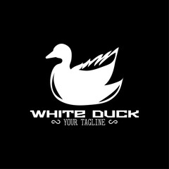 Black and white minimalistic duck logo with text on black background