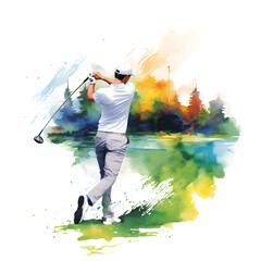 Colorful watercolor painting of a golfer driving a ball on a golf course, isolated with a white background.  A golf and art concept. Generative ai.  - obrazy, fototapety, plakaty