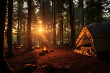 Camping atmosphere in the forest with quiet and shady nature with a campfire and sunlight shining through the trees. Generative ai