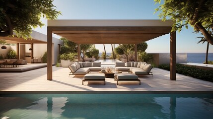 A chic poolside retreat in a contemporary outdoor space. Modern dwelling