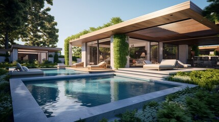 A contemporary poolside oasis in an outdoor area. Modern dwelling