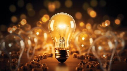 A Glowing Lightbulb Shining Brightly Amidst a Background of Dimmed Bulbs, Offering Room for Creative Ideas and Problem-Solving Solutions