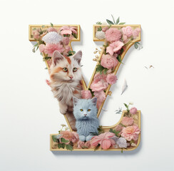 3d render letter a-z surrounded by cat character design