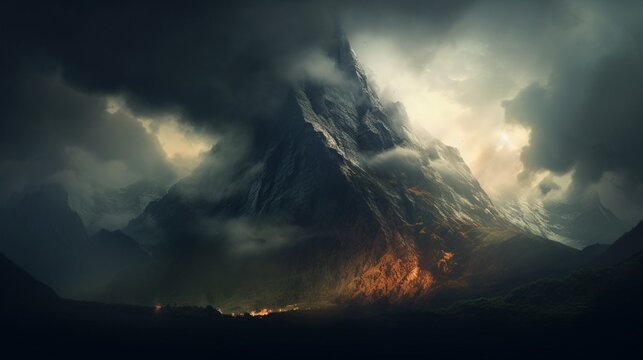 a picture of a rugged mountain peak shrouded in clouds, with the first rays of sunlight breaking through
