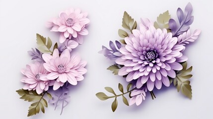 A set of flowers lavender and chrysanthemum, against an isolated white background, Plum Purple Color