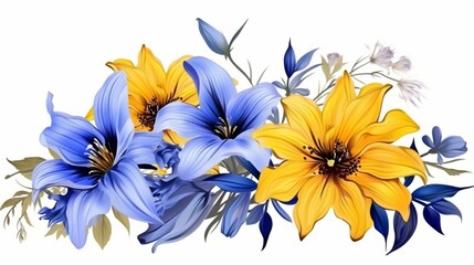 Fototapeta na wymiar A set of flowers sunflower and lily, against an isolated white background, Electric Blue Color