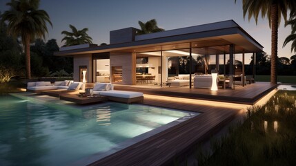 Fototapeta na wymiar A sleek poolside haven in a modern outdoor setting. Modern abode