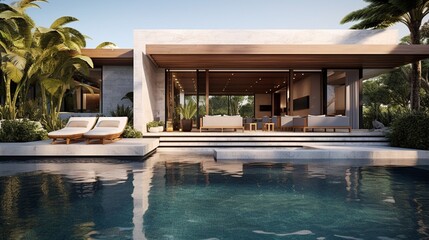 A trendy pool area with an inviting swimming pool. Contemporary abode