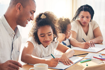 Family, education and parents help children with homework. learning and growth with writing at home. Mother, father and girl kids with activity, people in dining room with studying and development